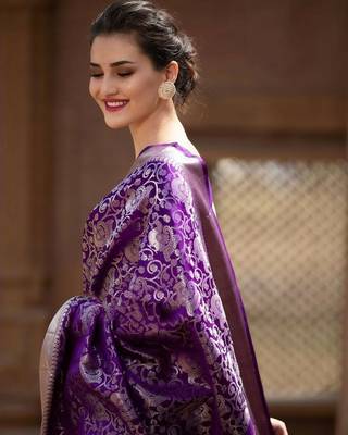Violet Purple and Silver Zari Woven Foux Kanjivaram Saree with Blouse 1