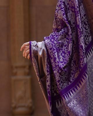 Violet Purple and Silver Zari Woven Foux Kanjivaram Saree with Blouse 2