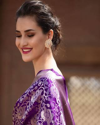 Violet Purple and Silver Zari Woven Foux Kanjivaram Saree with Blouse 3