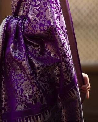 Violet Purple and Silver Zari Woven Foux Kanjivaram Saree with Blouse 4