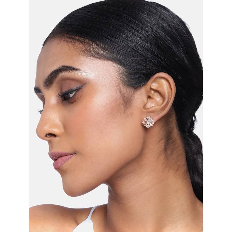 Rose CZ American Diamond Floral Shaped Studs Earrings for Women 