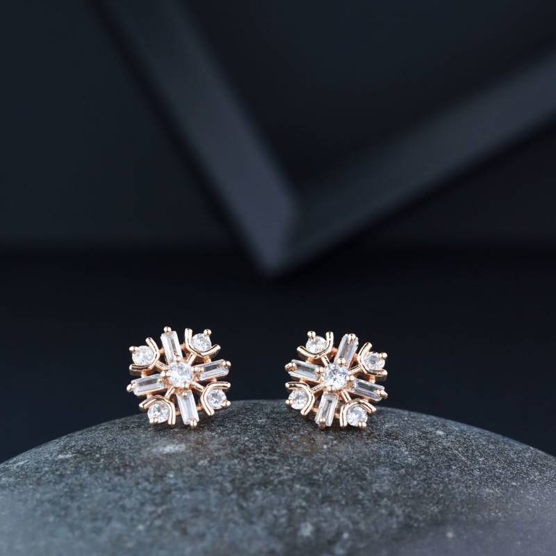 Rose CZ American Diamond Floral Shaped Studs Earrings for Women 