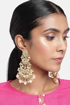 3 Layered Beaded Chandbali Earrings with Kundan and Pearl Work for Women 
