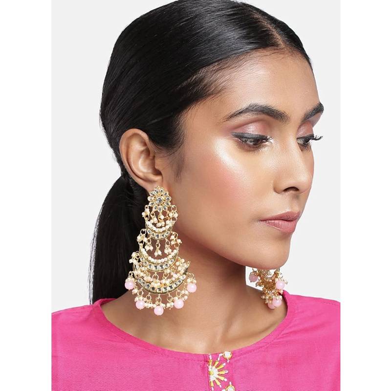 3 Layered Beaded Chandbali Earrings with Kundan and Pearl Work for Women 