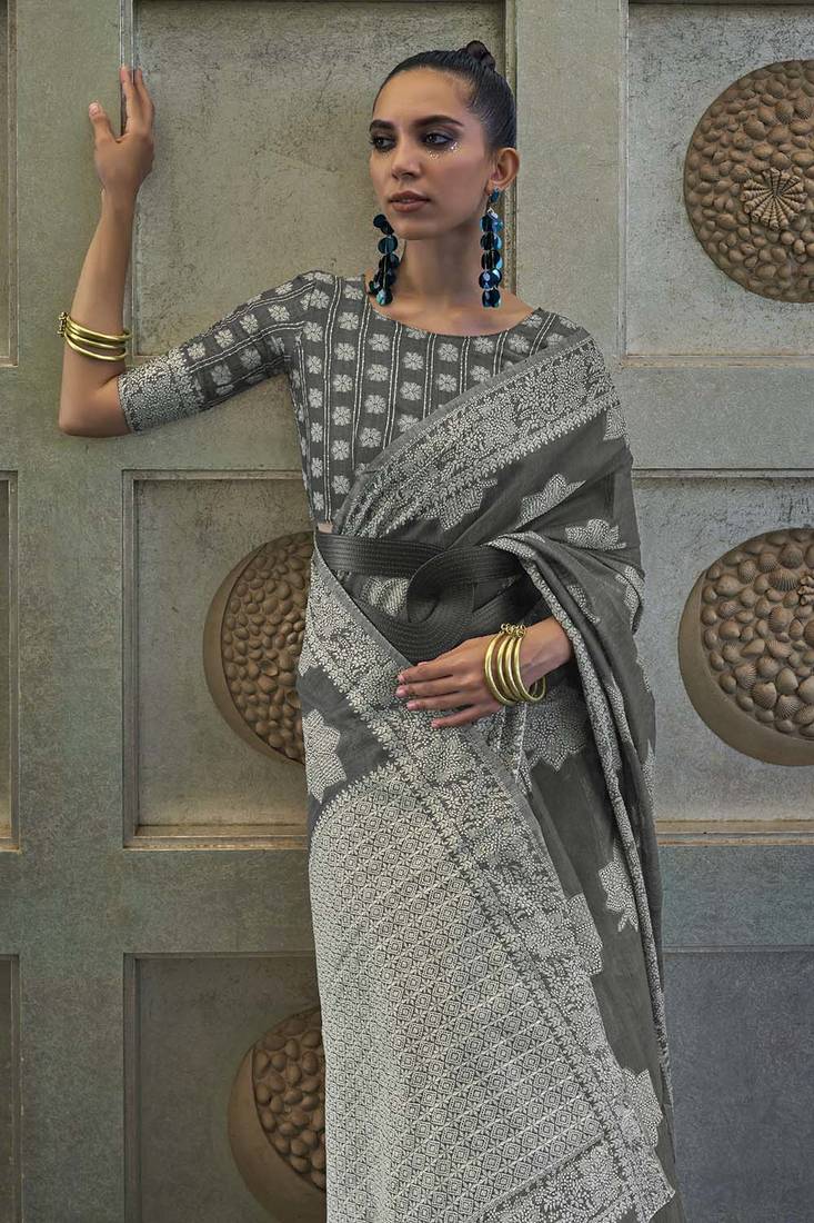 Gray Lucknowi chickankari Saree With Lucknowi Weaving With Blouse