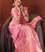 Flamingo Pink Zari Design Silk Blend Saree With Matching Blouse