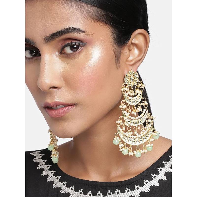 3 Layered Beaded Chandbali Earrings with Kundan and Pearl Work for Women 