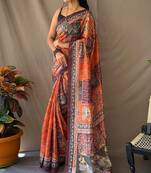Orange and Multi Colored Cotton Silk Saree With Kalamkari Print With Blouse