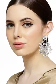 Rhodium Plated Traditional Handcrafted Meena Work Earring Glided With Kundan & Pearls 