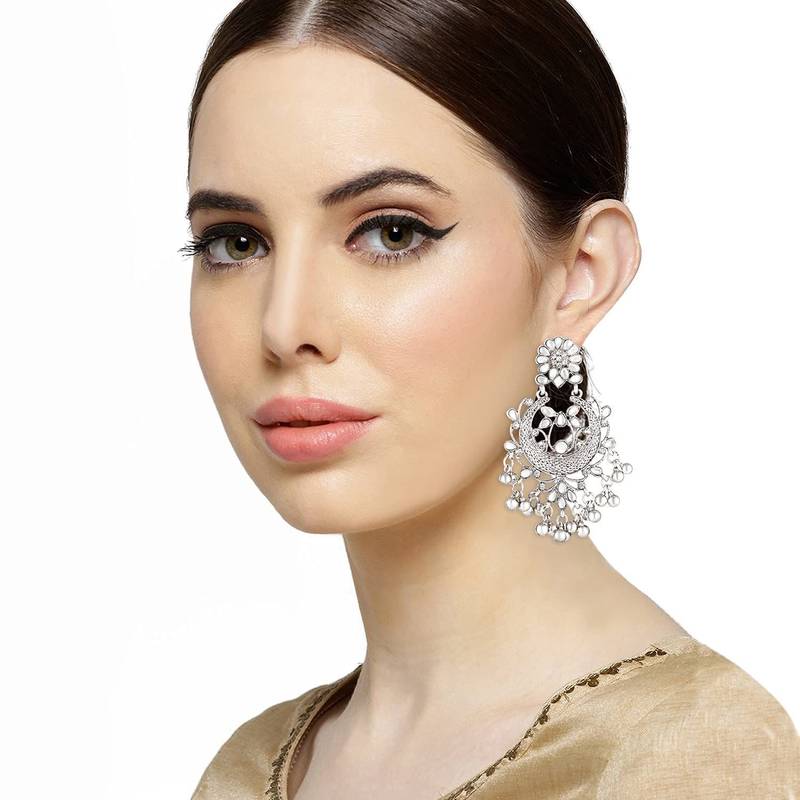 Rhodium Plated Traditional Handcrafted Meena Work Earring Glided With Kundan & Pearls 