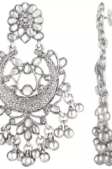 Rhodium Plated Traditional Handcrafted Meena Work Earring Glided With Kundan & Pearls 