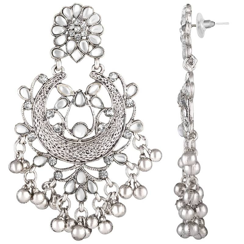 Rhodium Plated Traditional Handcrafted Meena Work Earring Glided With Kundan & Pearls 