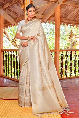Oatmeal White & Golden Zari Woven Kanjivaram Saree With Blouse 1