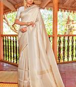 Oatmeal White & Golden Zari Woven Kanjivaram Saree With Blouse