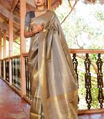 Muslin Birch Cream & Golden Zari Woven Kanjivaram Saree With Blouse