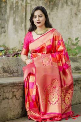 Tangerine Pink and Orange Checker Design Foux Kanjivaram Silk Saree With Blouse 2