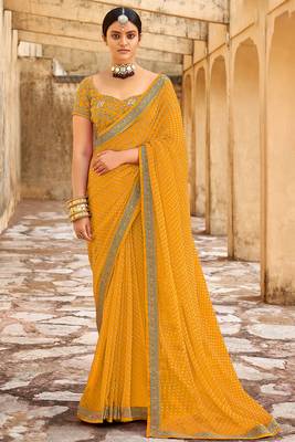 Yellow Bandhani Design Silk Blend Saree With Embroidery Work Blouse 1