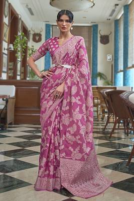 Rani Pink Lucknowi Work Silk Blend Saree With Designer Blouse 1
