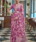 Rani Pink Lucknowi Work Silk Blend Saree With Designer Blouse