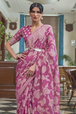 Rani Pink Lucknowi Work Silk Blend Saree With Designer Blouse 3