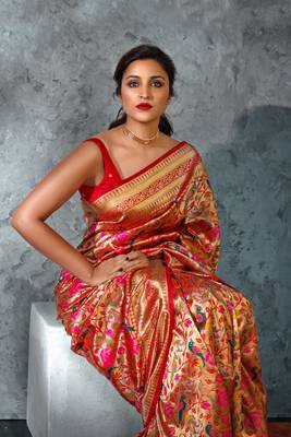 Red & Golden zari Woven Paithani Silk Saree With Blouse 1