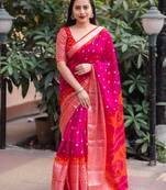 Pink printed jute saree with blouse