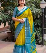 Yellow printed jute saree with blouse