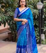 Blue printed jute saree with blouse