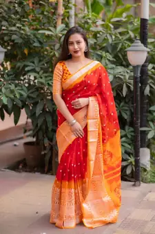 Red printed jute saree with blouse