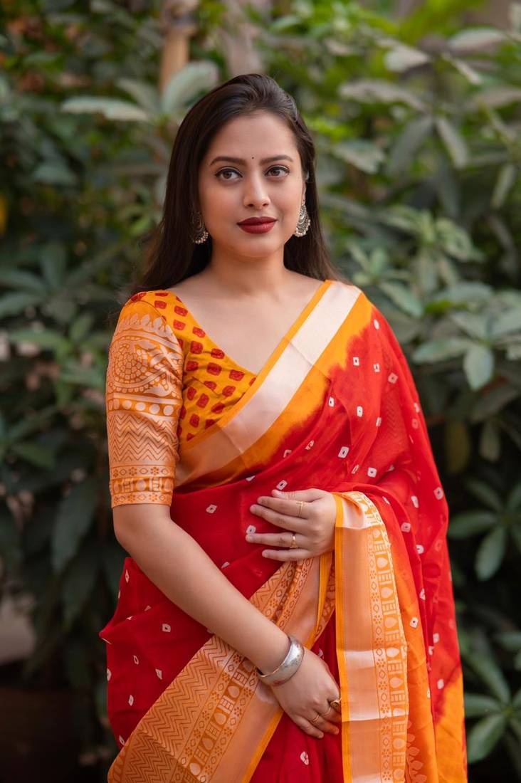 Red printed jute saree with blouse