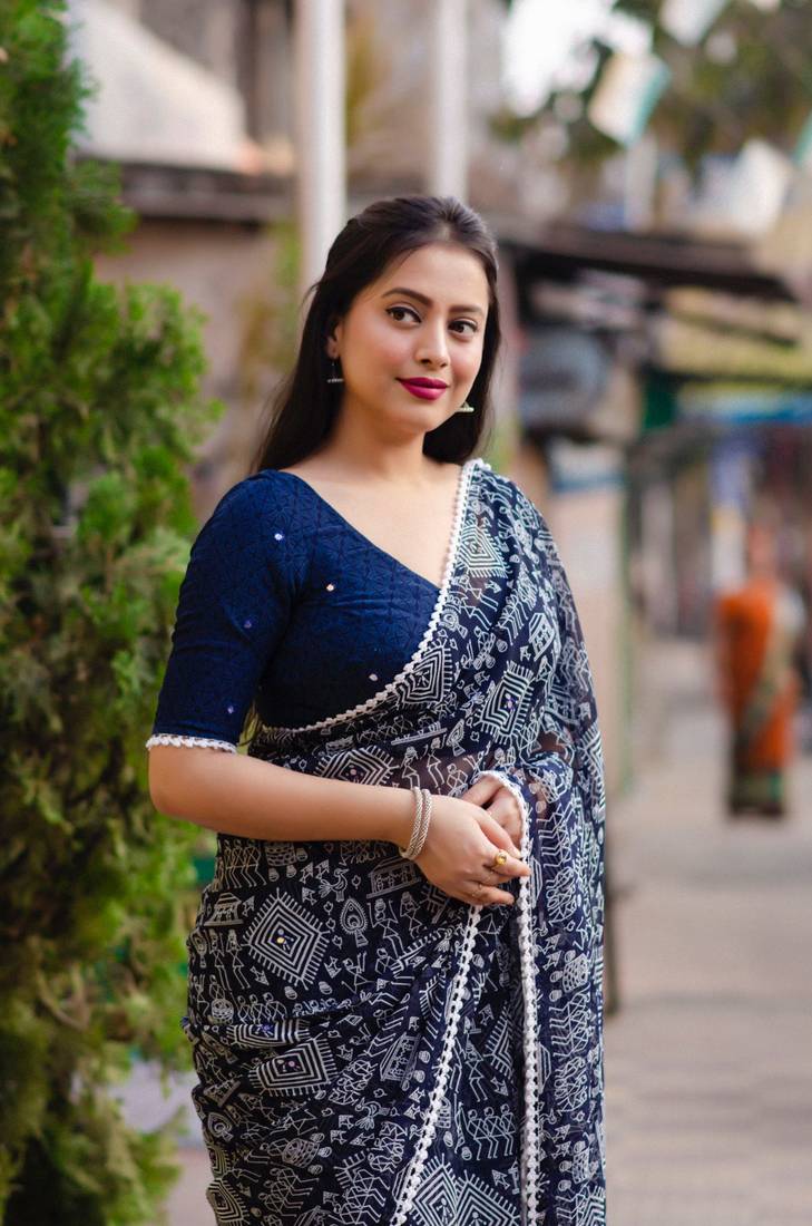 Blue printed georgette saree with blouse