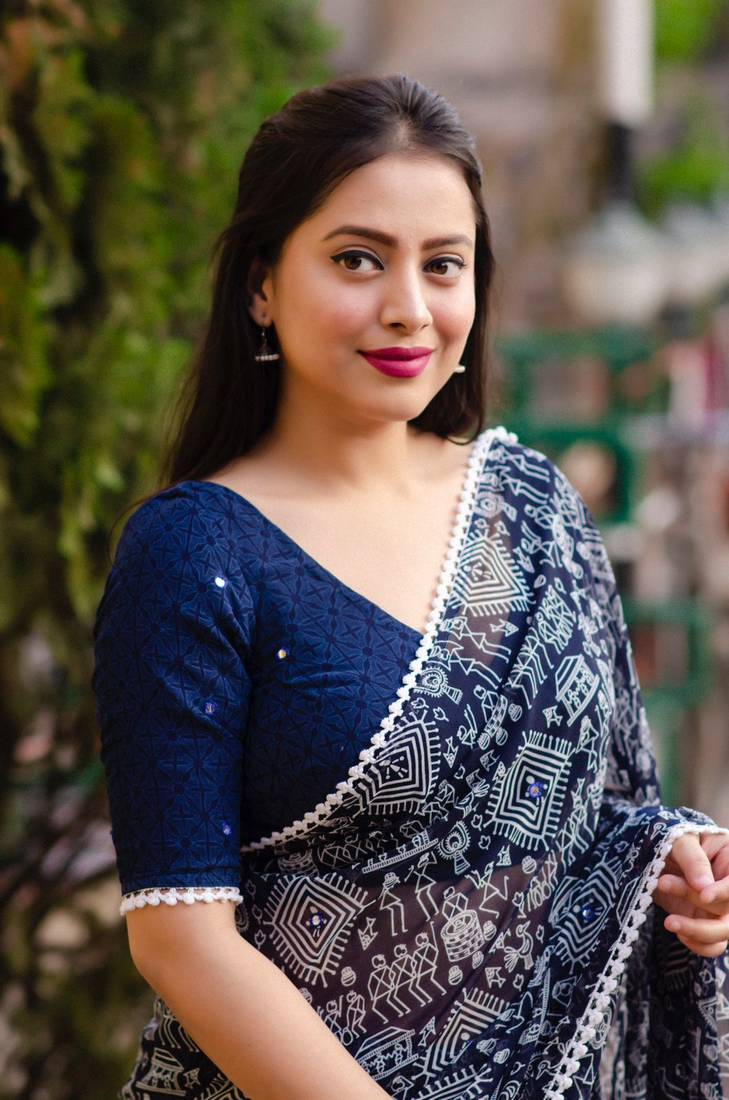 Blue printed georgette saree with blouse