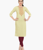 Yellow Embroidered Slub Cotton Kurta