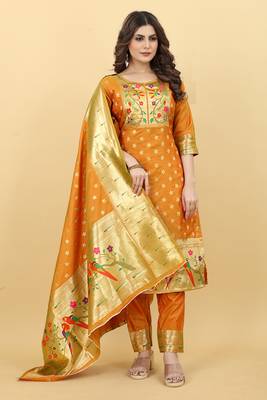 Orange Banarasi Silk Zari Woven Salwar Suit 1
