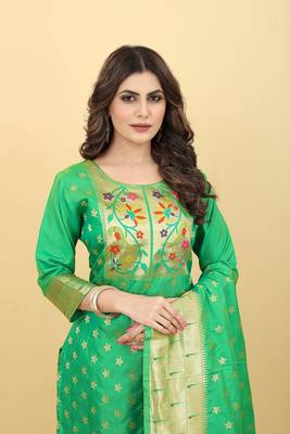 Green Color Banarasi Silk Zari Woven Salwar Suit 1