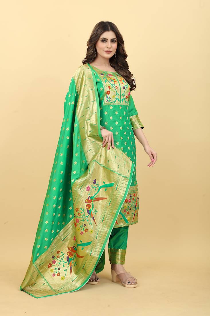 Green Color Banarasi Silk Zari Woven Salwar Suit