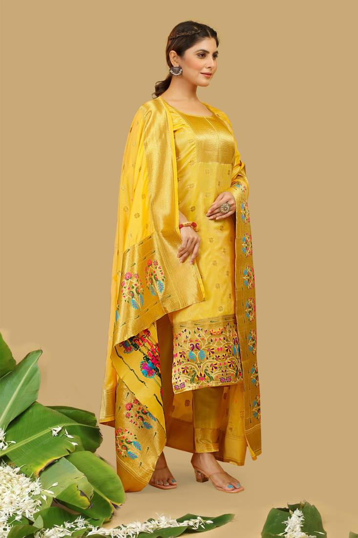Yellow Color Banarasi Silk Zari Woven Salwar Suit