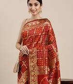 Leeza Store Women'S Red Silk Blend Jacquard Woven Golden Zari Traditional Bandhani Saree With Blouse Pieces