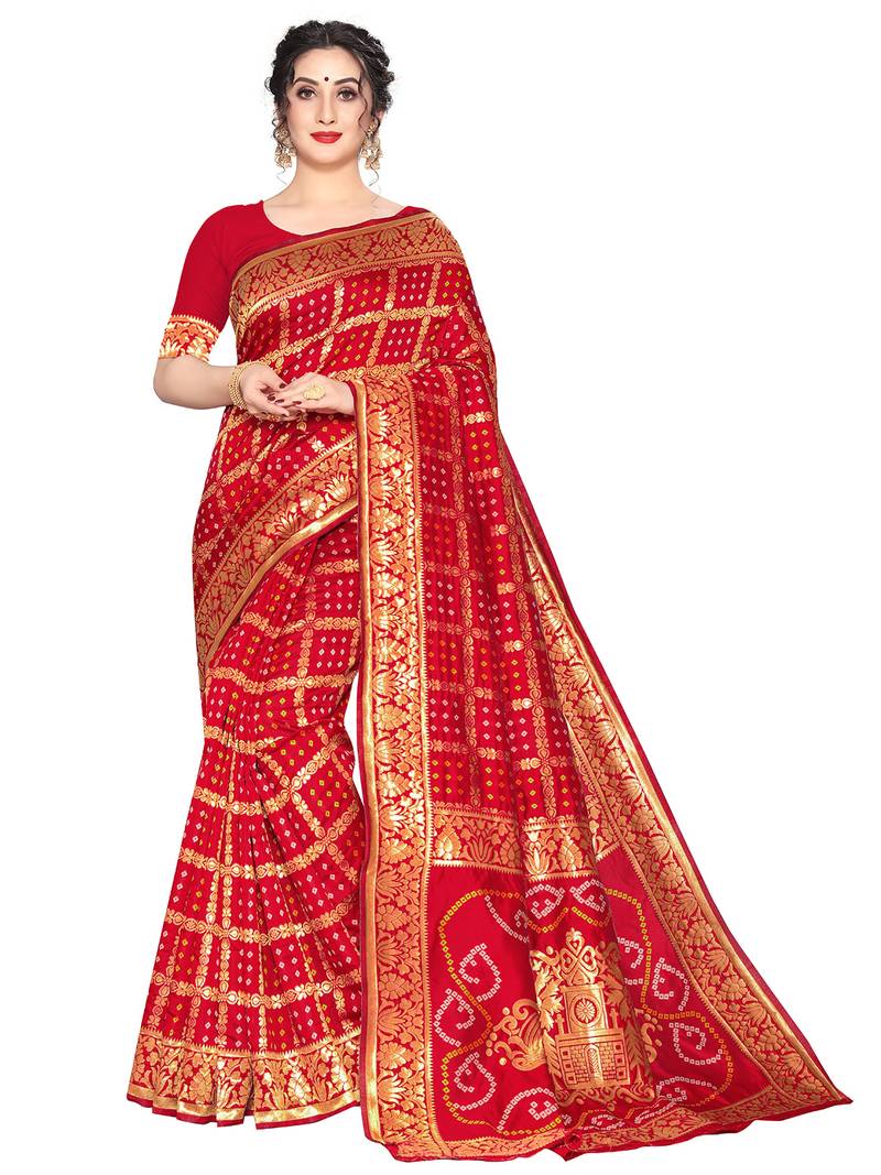 Leeza Store Women'S Red Silk Blend Jacquard Woven Golden Zari Traditional Bandhani Saree With Blouse Pieces