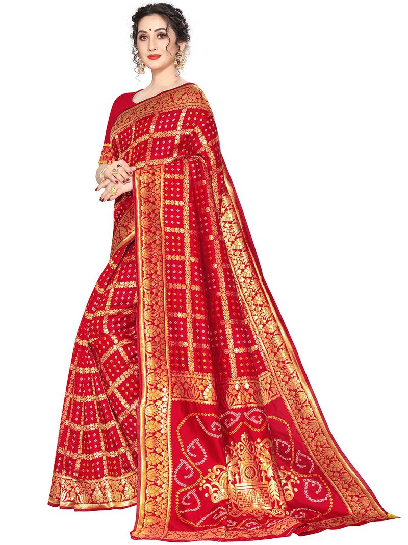 Leeza Store Women'S Red Silk Blend Jacquard Woven Golden Zari Traditional Bandhani Saree With Blouse Pieces