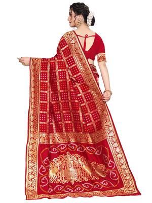 Leeza Store Women'S Red Silk Blend Jacquard Woven Golden Zari Traditional Bandhani Saree With Blouse Pieces 4