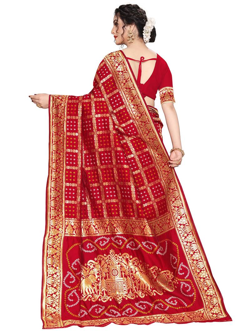 Leeza Store Women'S Red Silk Blend Jacquard Woven Golden Zari Traditional Bandhani Saree With Blouse Pieces