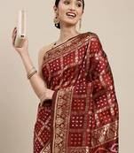 Leeza Store Women's Maroon Silk Blend Jacquard Woven Golden Zari Traditional Bandhani Saree with Blouse Pieces