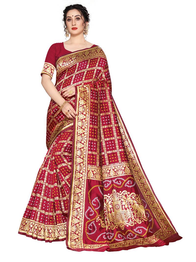 Leeza Store Women's Maroon Silk Blend Jacquard Woven Golden Zari Traditional Bandhani Saree with Blouse Pieces