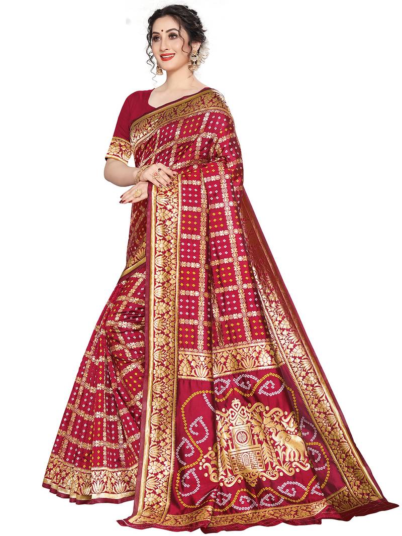 Leeza Store Women's Maroon Silk Blend Jacquard Woven Golden Zari Traditional Bandhani Saree with Blouse Pieces