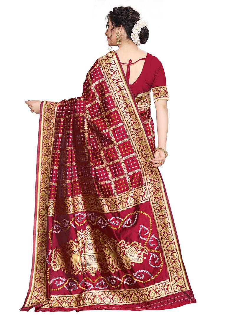 Leeza Store Women's Maroon Silk Blend Jacquard Woven Golden Zari Traditional Bandhani Saree with Blouse Pieces