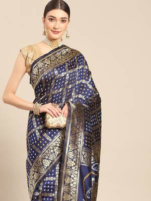Leeza Store Women'S Navy Blue Silk Blend Jacquard Woven Golden Zari Traditional Bandhani Saree With Blouse Pieces 1