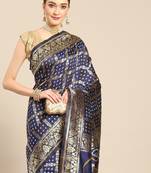 Leeza Store Women'S Navy Blue Silk Blend Jacquard Woven Golden Zari Traditional Bandhani Saree With Blouse Pieces