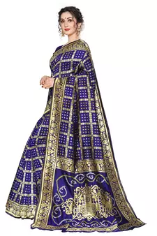 Leeza Store Women'S Navy Blue Silk Blend Jacquard Woven Golden Zari Traditional Bandhani Saree With Blouse Pieces