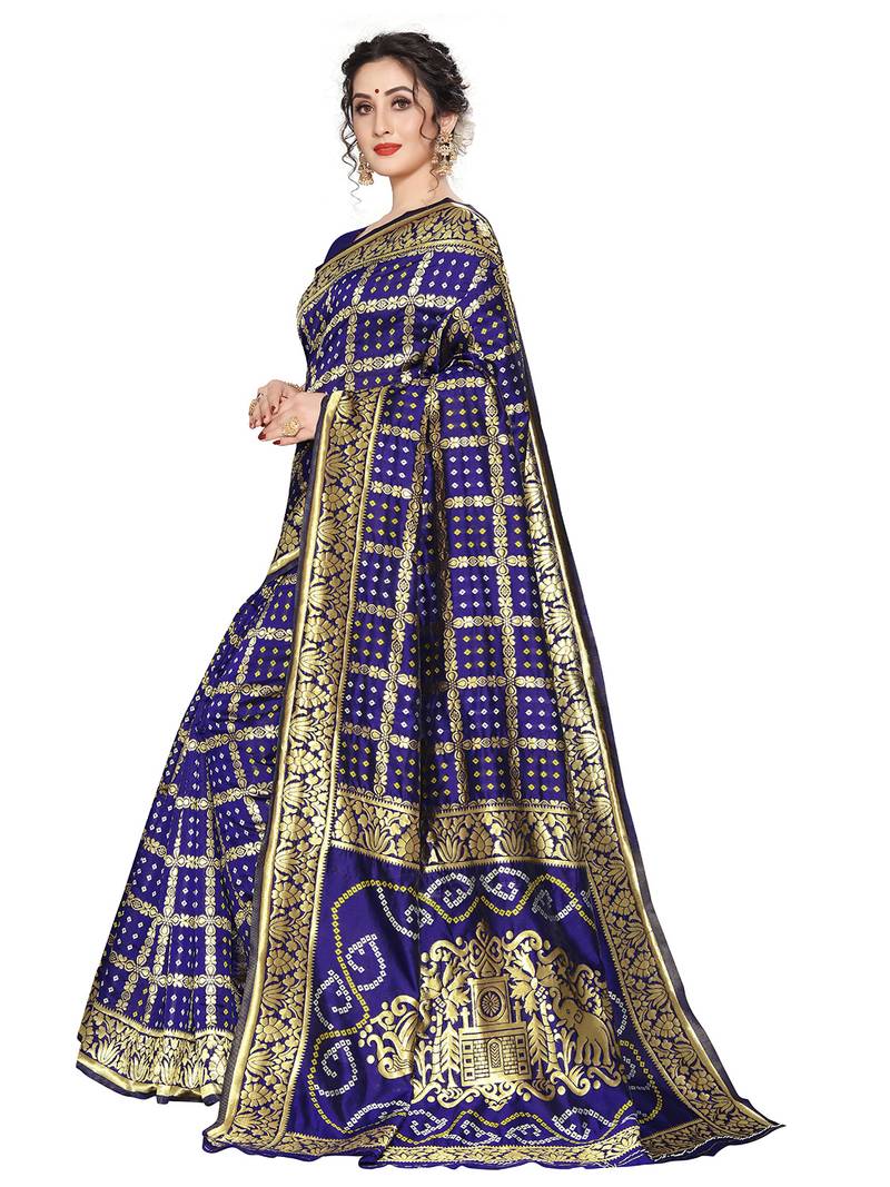 Leeza Store Women'S Navy Blue Silk Blend Jacquard Woven Golden Zari Traditional Bandhani Saree With Blouse Pieces